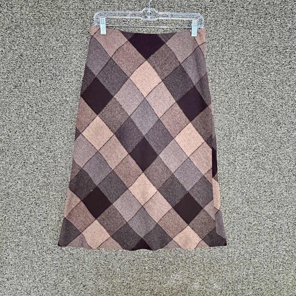 Vintage Willi Smith Made in Italy Argyle Wool Blend A Line Midi Skirt Brown 6